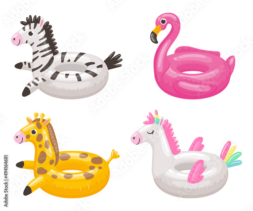 Cartoon swimming ring. Rubber inflatable toy of different shapes as zebra  flamingo  giraffe and unicorn
