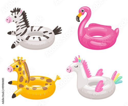 Cartoon swimming ring. Rubber inflatable toy of different shapes as zebra, flamingo, giraffe and unicorn