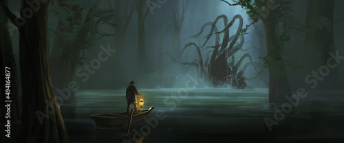 Octopus-shaped monster in the swamp, 3D illustration.