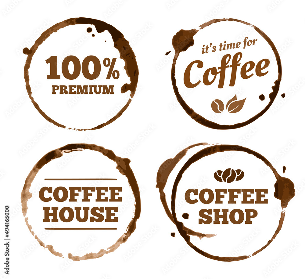 Coffee labels. Hot drink stains, round dirty marks from coffee cup or mug. Spilled brown water with text template Coffee labels. Hot drink stains, round dirty marks from coffee cup or mug. Spilled brown water with text template