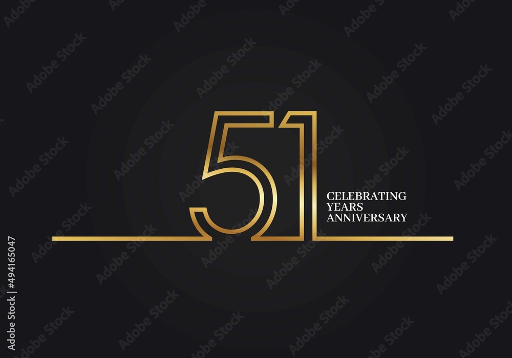 51 Years Anniversary logotype with golden colored font numbers made of one connected line, isolated on black background for company celebration event, birthday - obrazy, fototapety, plakaty 