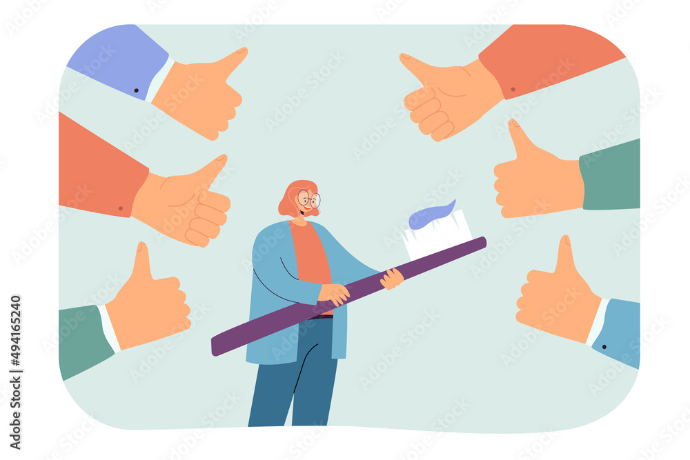Girl with toothbrush surrounded by thumbs up Woman taking care of teeth, getting public approval flat vector illustration. Health, public opinion concept for banner, website design or landing web page