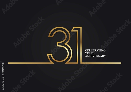 31 Years Anniversary logotype with golden colored font numbers made of one connected line, isolated on black background for company celebration event, birthday photo