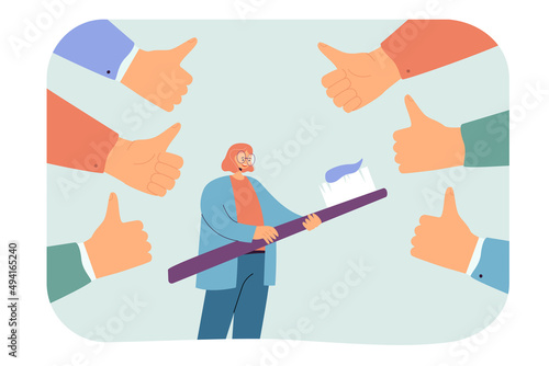 Girl with toothbrush surrounded by thumbs up Woman taking care of teeth, getting public approval flat vector illustration. Health, public opinion concept for banner, website design or landing web page