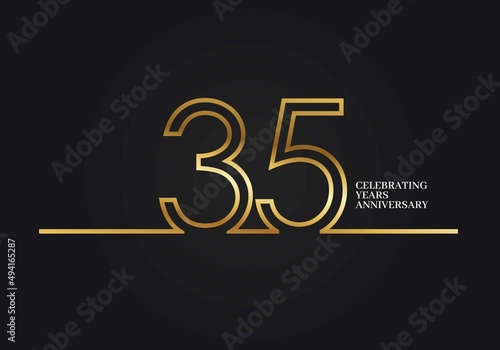 35 Years Anniversary logotype with golden colored font numbers made of one connected line, isolated on black background for company celebration event, birthday