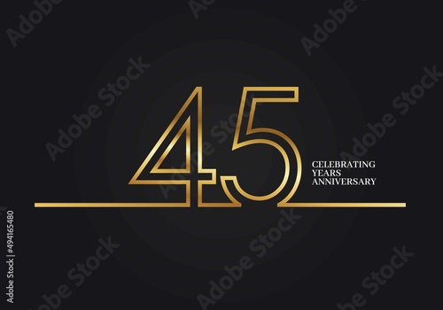 45 Years Anniversary logotype with golden colored font numbers made of one connected line, isolated on black background for company celebration event, birthday photo