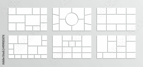 Collage layout. Moodboard template. Photo mood board grid. Mosaic pictures. Frame images. Album brandboard. Set of gallery banners. Presentation background. Organised portfolio. Vector illustration