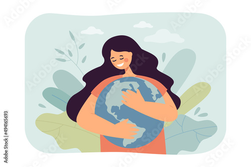Happy girl hugging planet flat vector illustration. Woman taking care of earth and environment, thinking about its future. Ecology, love concept for banner, website design or landing web page