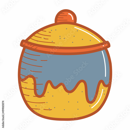 Ceramic pot with a lid or sugar bowl, earthenware dish, handmade clay dishes. Hand drawn vector illustration. Isolated element on a white background.