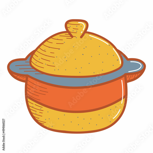 Ceramic saucepan. A pot with a lid or a sugar bowl, a faience dish, handmade clay dishes. Hand drawn vector illustration. Isolated element on a white background