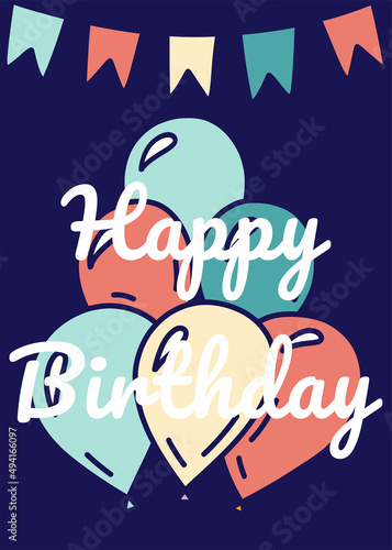 Happy birthday greeting card with text, flags and balloons. Holiday, party invitation. Hand drawn vector illustration in doodle style