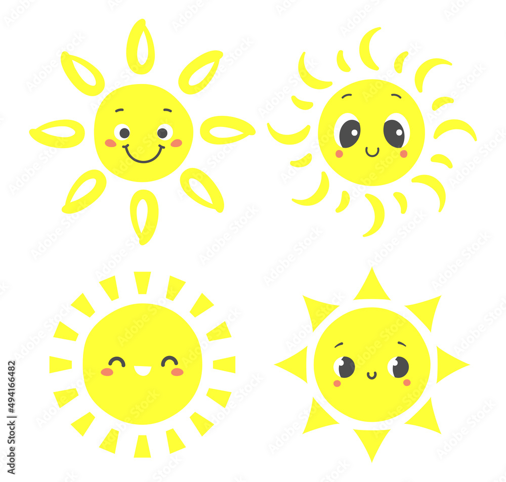 Hand drawn sun. Cartoon sunny characters with smiling faces. Happy morning elements with shining beams