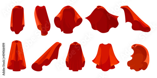 Superhero red cape in different poses cartoon collection set. Satin clock or mantel flying in wind. Vampire mantel for Halloween party isolated on white background. Carnival costume, accessory concept