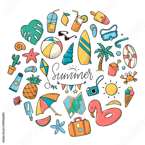 set of summer hand drawn doodles, clipart isolated on white background. Good for stickers, labels, posters, cards, scrapbooking, stationary, etc. EPS 10
