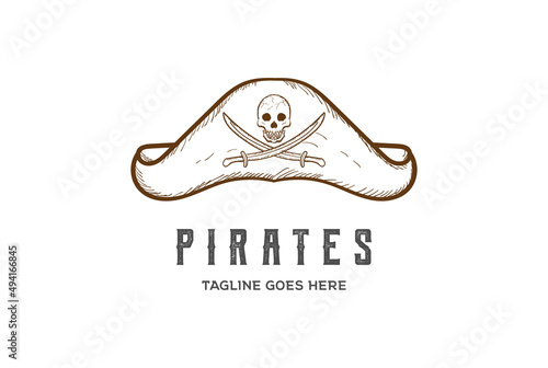 Vintage Retro Pirates Sailor Hat with Sword And Skull Emblem Logo Design Vector