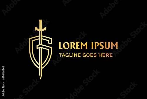 Golden Shield with Galahad Sword Blade Logo Design Vector
