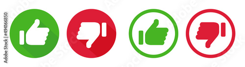 Like and dislike icons. Thumbs up and down with hand. Ok, good, yes buttons and symbols. Signs of green positive finger and red bad negative for web, social media in circle. Vote illustration. Vector.