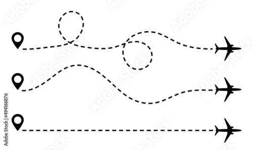 Line plane paths, travel by airplane, flight on route icons. Air trip with map to destination. Aircraft's fly ways, tracks and traces of dashes illustration.Airline point and plan for journey. Vector