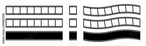 Film tape strips for movie, cinema reel. Filmstrip with frames, photo and videos for camera. Old white and black film tapes of 35mm. Roll with border for photography, isolated on background. Vector photo