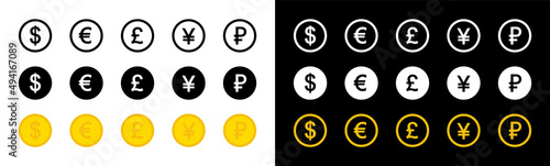 Currencies and money signs. Symbols of dollar, yen, euro, ruble, pound, yuan and usd in circles - coins for exchange. International currencies in circles - icons. World cash in flat set. Vector EPS10