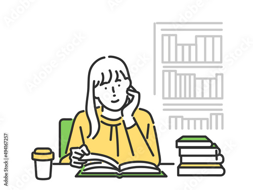 図書館で本を読む女性のイメージイラスト素材