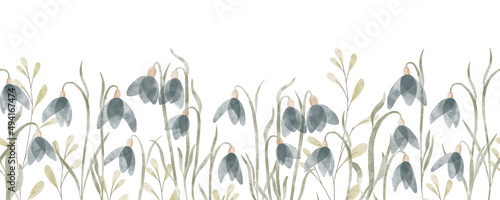 Floral spring horizontal pattern with snowdrops flowers. Watercolor hand drawn isolated illustration border, meadow or floral background for your design.