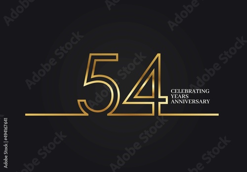 54 Years Anniversary logotype with golden colored font numbers made of one connected line, isolated on black background for company celebration event, birthday