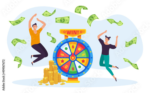 Online lottery game concept. Man and woman winning jackpot on spinning wheel. Characters jumping, money banknotes falling