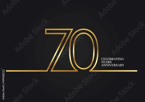 70 Years Anniversary logotype with golden colored font numbers made of one connected line, isolated on black background for company celebration event, birthday