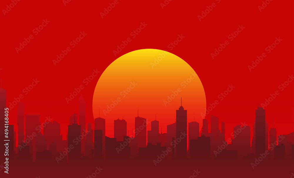 silhouette of the city of the future with skyscrapers on a red sky background and the setting sun
