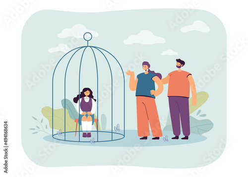 Daughter sitting in cage for bad deed flat vector illustration. Mother and father punishing kid for misbehaving. Parenthood, discipline, family concept for banner, website design or landing web page