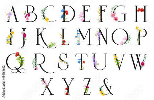 Floral alphabet font uppercase letters with flowers.
Vector monogram initials for wedding invitation, greeting card, logo, book design, brand name