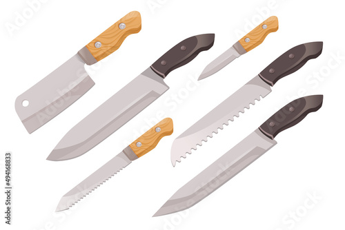 Different types of kitchen knives cartoon collection set. Hatchet or cleaver for meat cutting, chefs knife of stainless steel for cutting into thin slices. Kitchen utensils concept