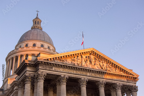 Dome and pediment of Pantheon in Paris at sunset, France photo