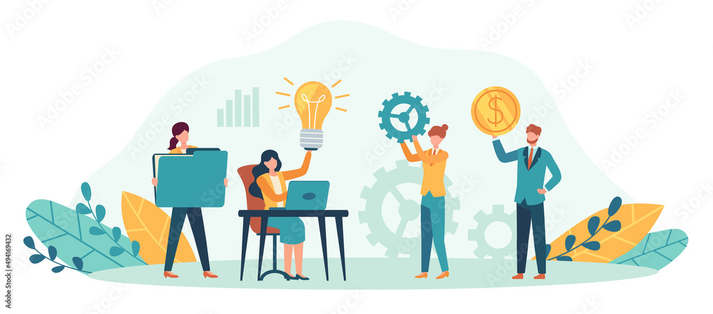 Fototapeta premium Successful teamwork. Employees collaborating in workspace. Woman sitting at desk with laptop and generating ideas