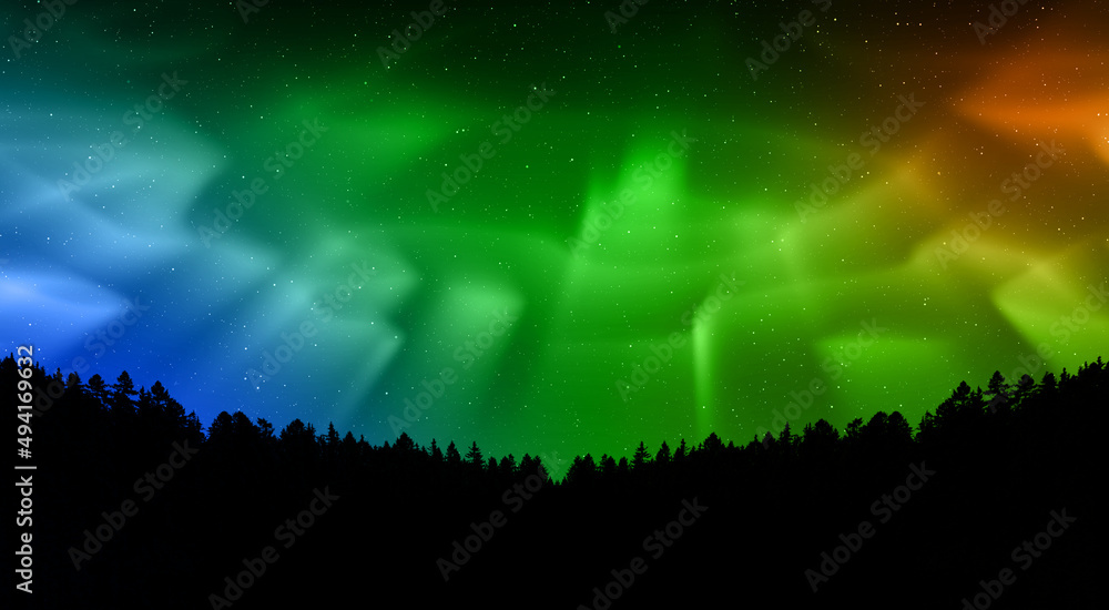 Beautiful Northern Lights Aurora Borealis Green Dynamic Flickers Sky over Forest Trees Landscape. Wide View of Polar Lights. 