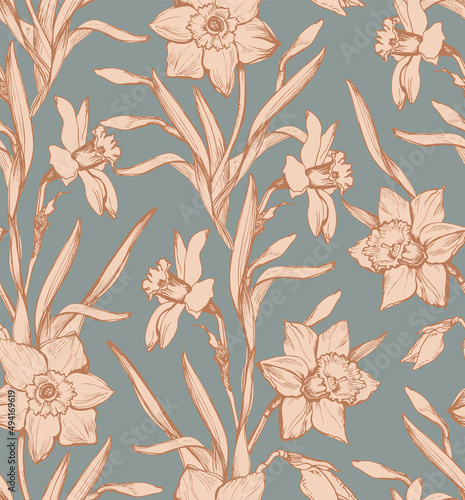 Spring flowers narcissus floral seamless pattern in calm earth tones. Elegant hand drawn elements in trendy earth tones of the year. Botanical design for textile, apparel fabric, wallpaper.