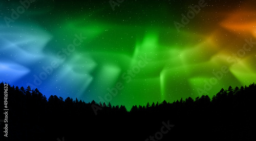 Beautiful Northern Lights Aurora Borealis Green Dynamic Flickers Sky over Forest Trees Landscape. Wide View of Polar Lights.  © MedRocky