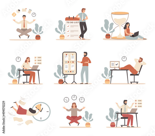 Work time management. Employees working according to schedule, creating to do lists, setting goals. Happy worker meeting deadline
