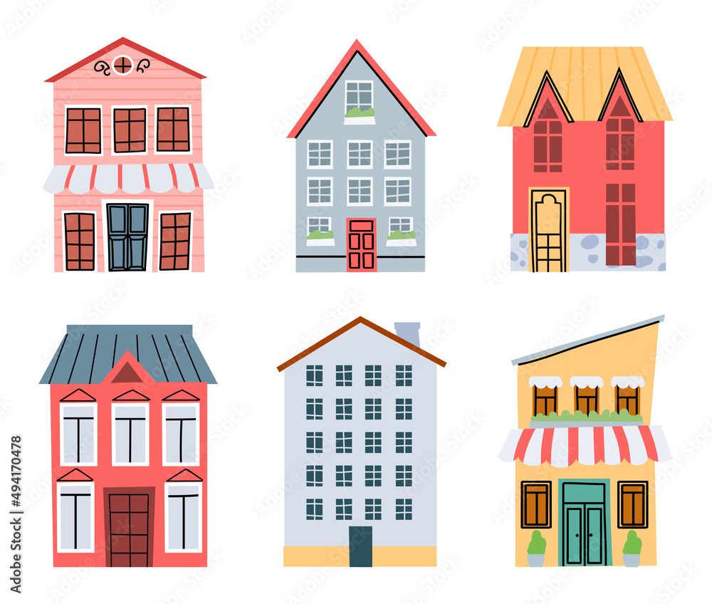 Cartoon city street buildings. Old town architecture with colorful houses, retail shops and cafe exterior. Apartments facade