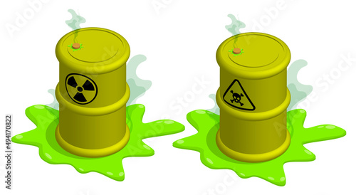 Isometric metal barrel with radioactive and chemical hazard sign. Storage and disposal of hazardous substances. Realistic 3D vector isolated on white background