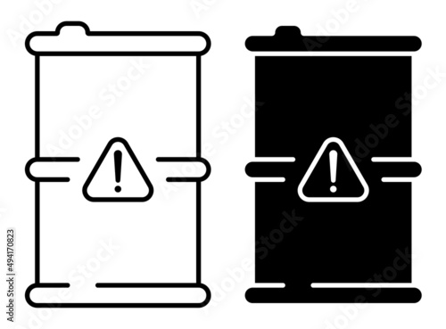 Linear icon, metal barrel with danger sign. Storage and disposal of hazardous substances. Simple black and white vector isolated on white background