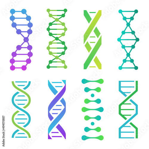 Colorful DNA icons. Spiral molecule structure for scientific research. Human genetic code with information