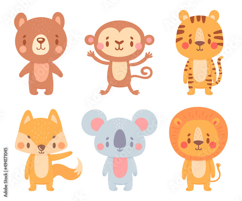 Fototapeta Naklejka Na Ścianę i Meble -  Cute cartoon animals. Wild adorable characters with smiling faces. Cartoon cute bear, monkey, tiger, fox, koala and lion