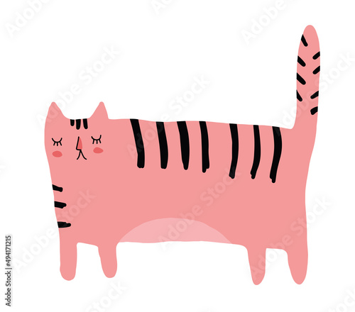 Cute Abstract Nursery Vector Illustration with Pink Hand Drawn Tiger Isolated on a White Background. Safari Party Print with Funny Wild Fat Cat ideal for Card, Wall Art, Invitation, Poster.