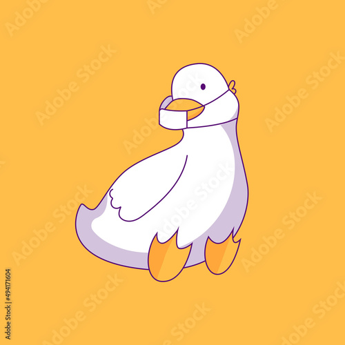 Cheerful duck. Bird poster design with human needs and daily situations. Duck sits in a mask to protect against coronovirus