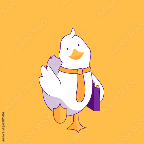 Cheerful duck. Bird poster design with human needs and daily situations. Duck goes to work