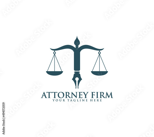 Lawyer legal law firm logo with scale icon and judge on white background, vector illustration.