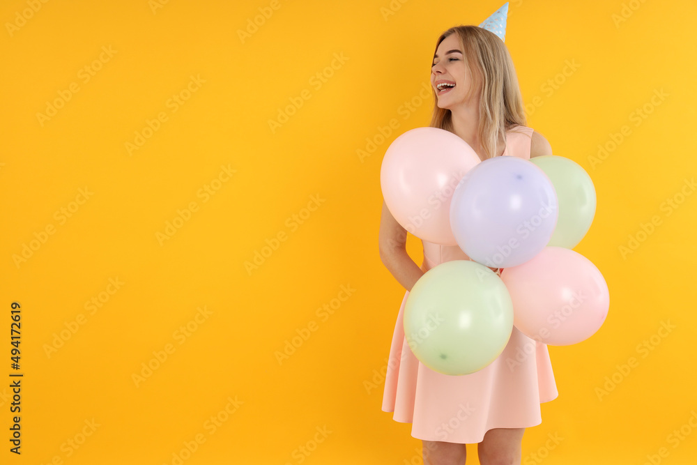 Concept of Happy Birthday with young woman, space for text