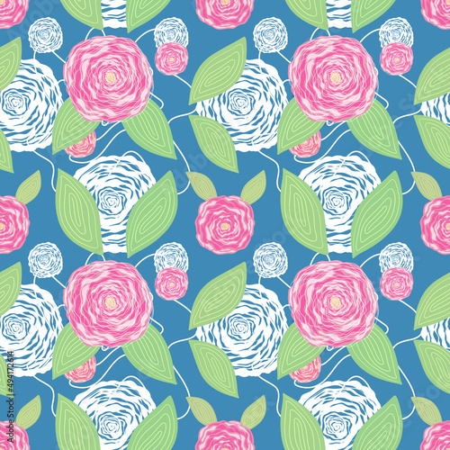Pink and white flowers with green leaves on a blue background. Floral seamless pattern.